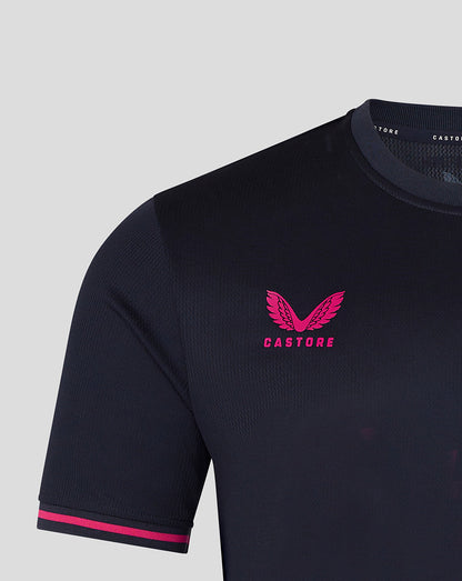 Black football jersey with pink logo and text on a light gray background