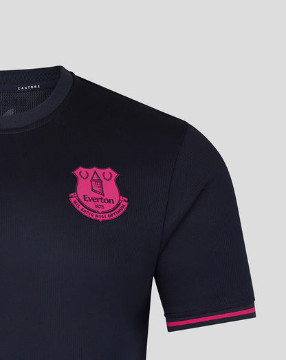 Black sports jersey with pink logo on a light gray background