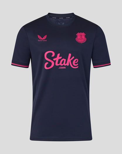 Navy blue sports jersey with pink branding on a light gray background