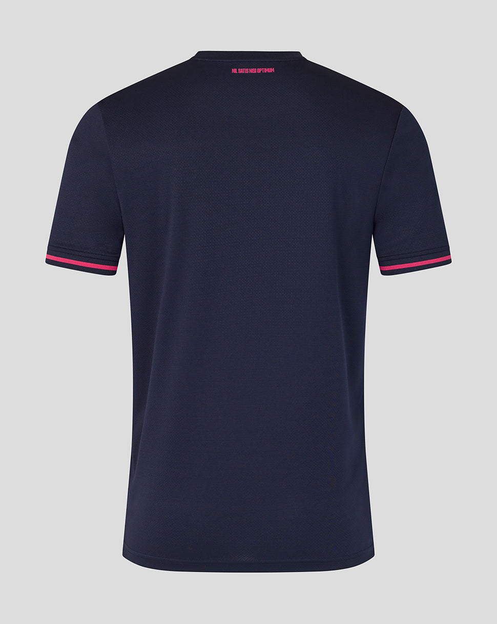 Navy blue t-shirt with pink accents on a gray background