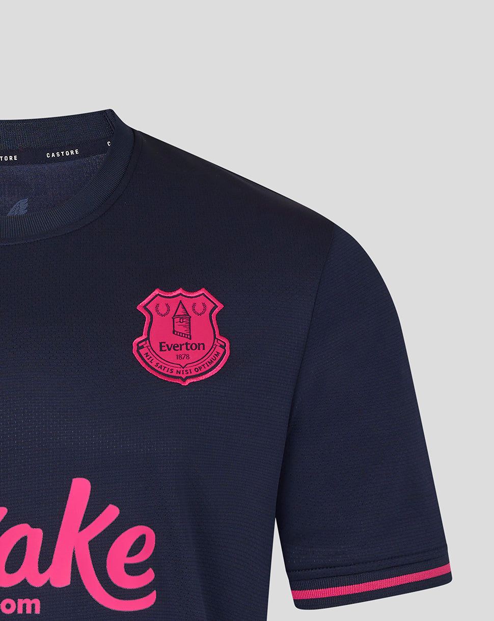 Navy blue shirt with pink logo and text on a light gray background