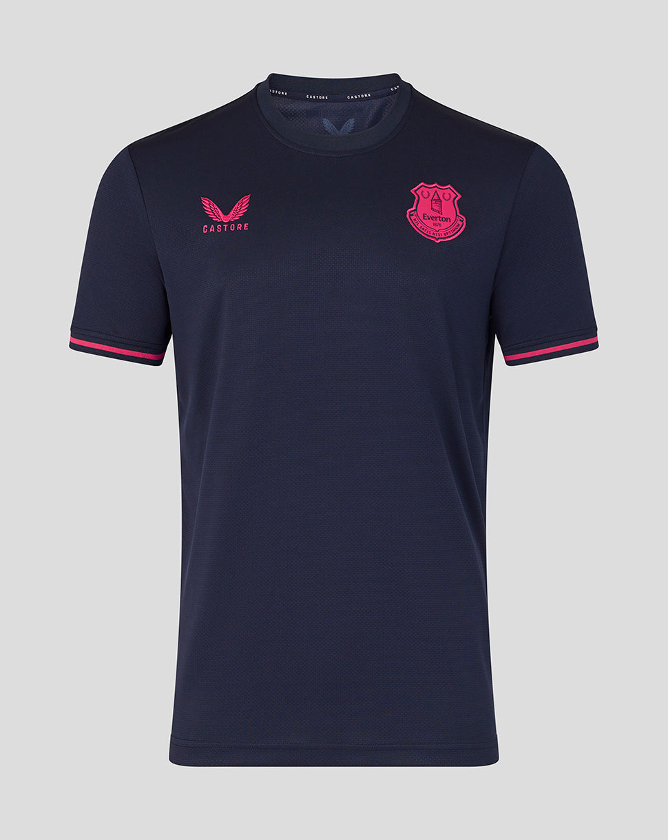 Navy blue t-shirt with pink accents and logos on a light gray background