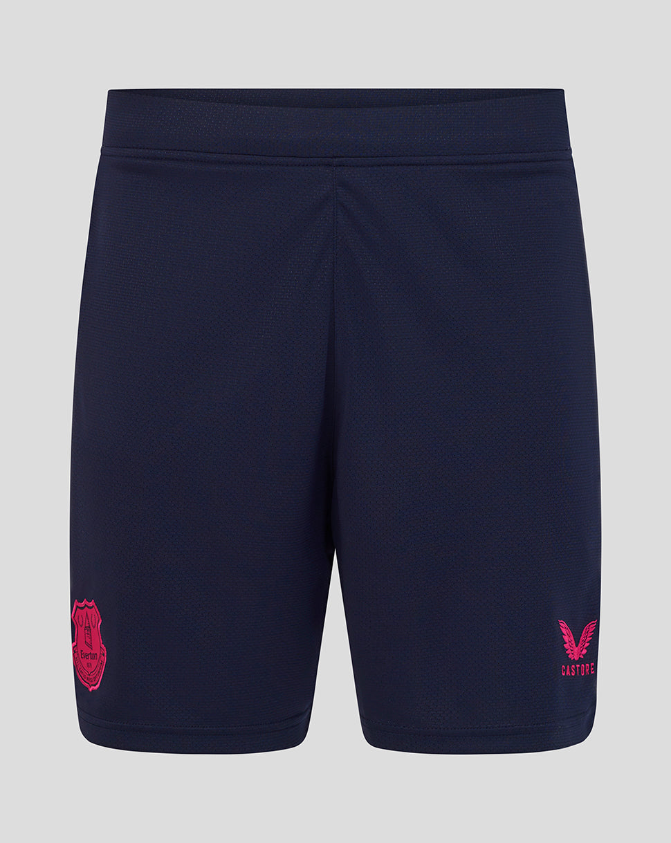 Navy shorts with red logo on a light gray background