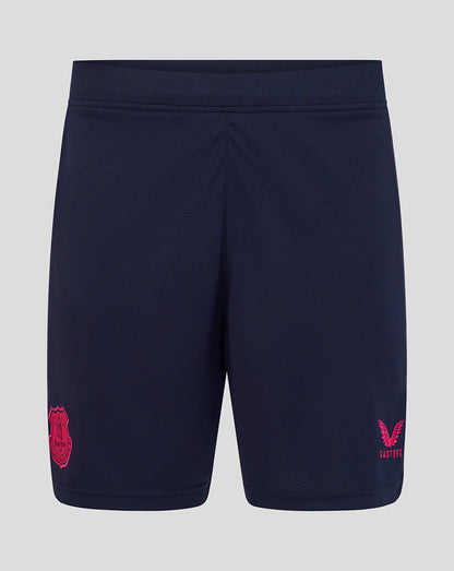Navy shorts with red logo on a light gray background