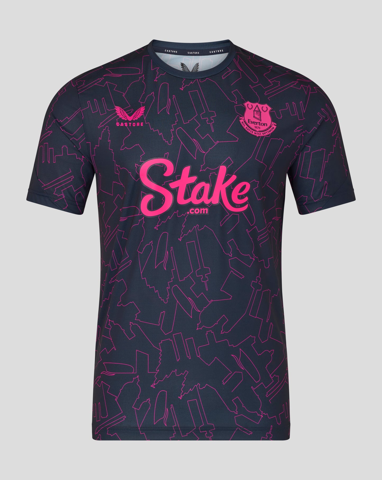 Black sports jersey with pink branding on a gray background