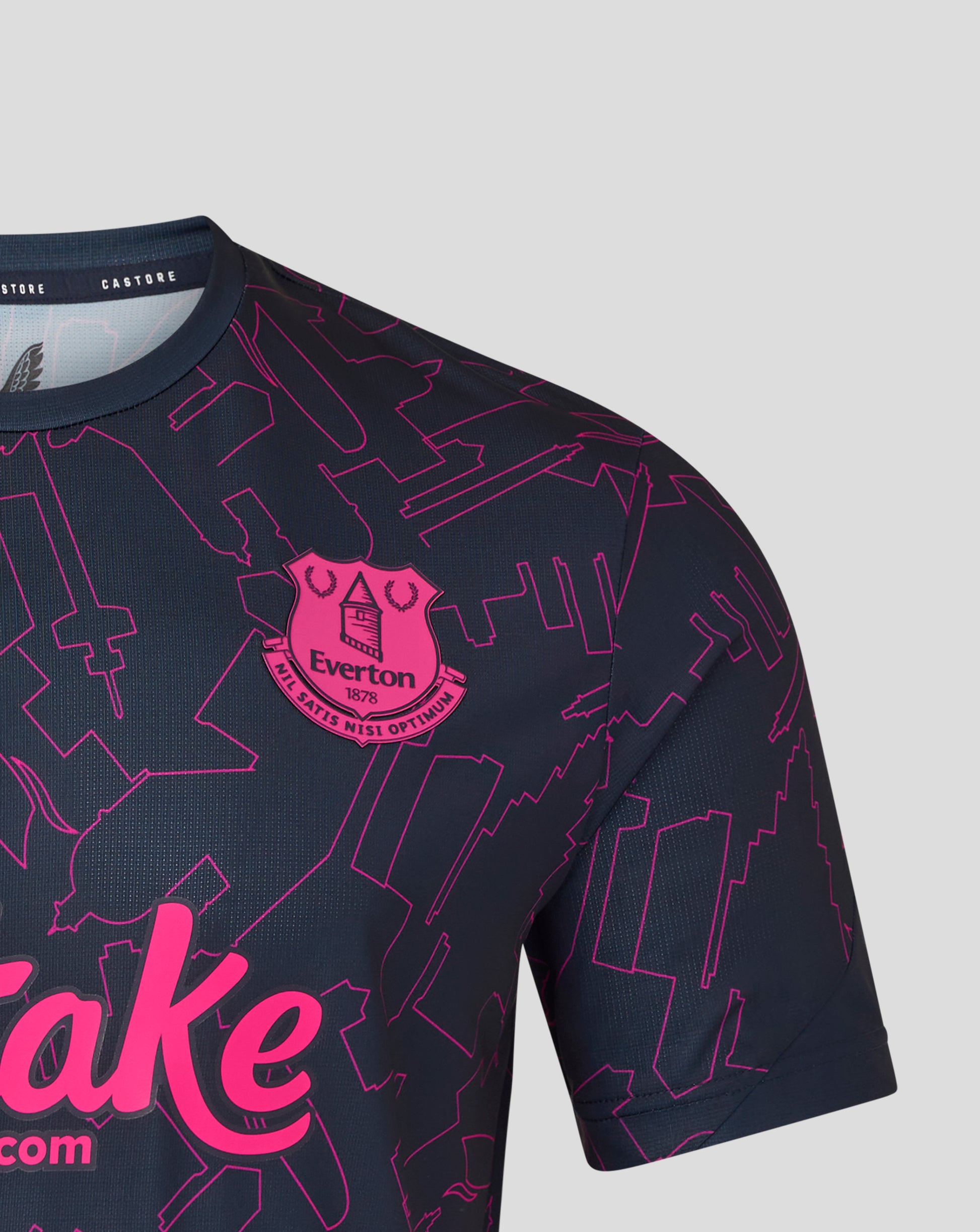 Black sports jersey with pink patterns and branding on a gray background