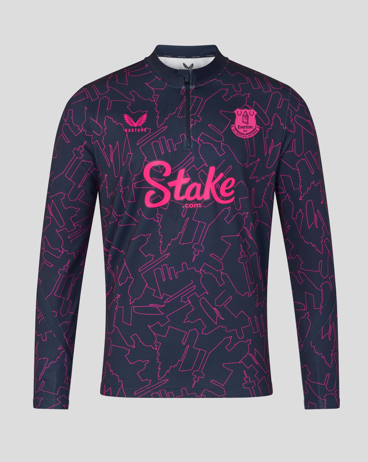 Navy long-sleeve shirt with pink pattern and 'Stake' branding on a gray background