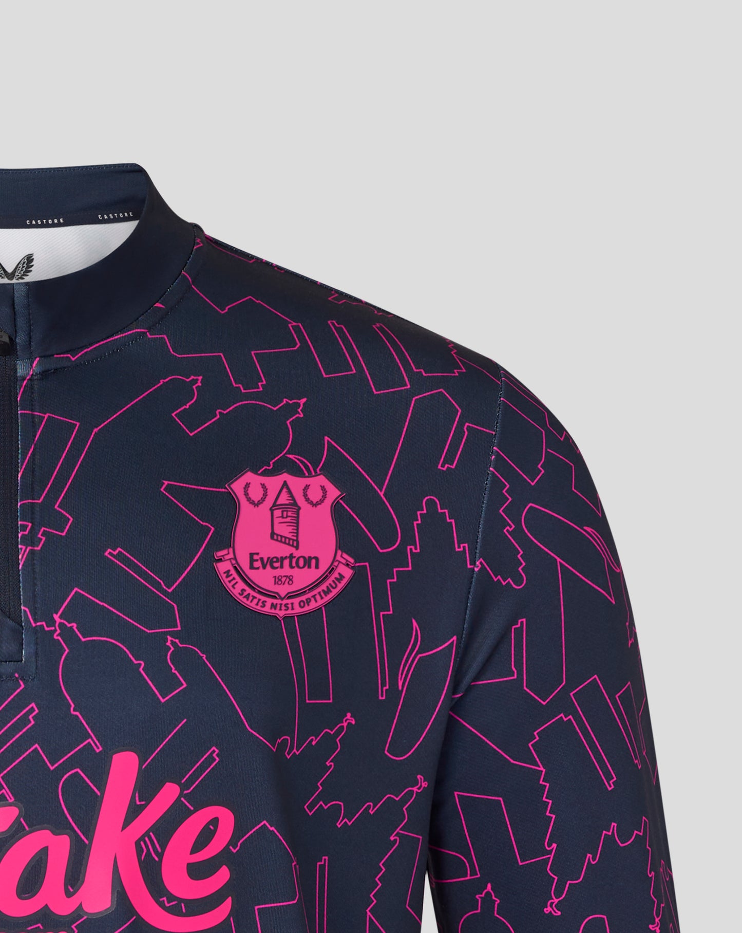 Navy sports jersey with pink graphics and logo on a gray background