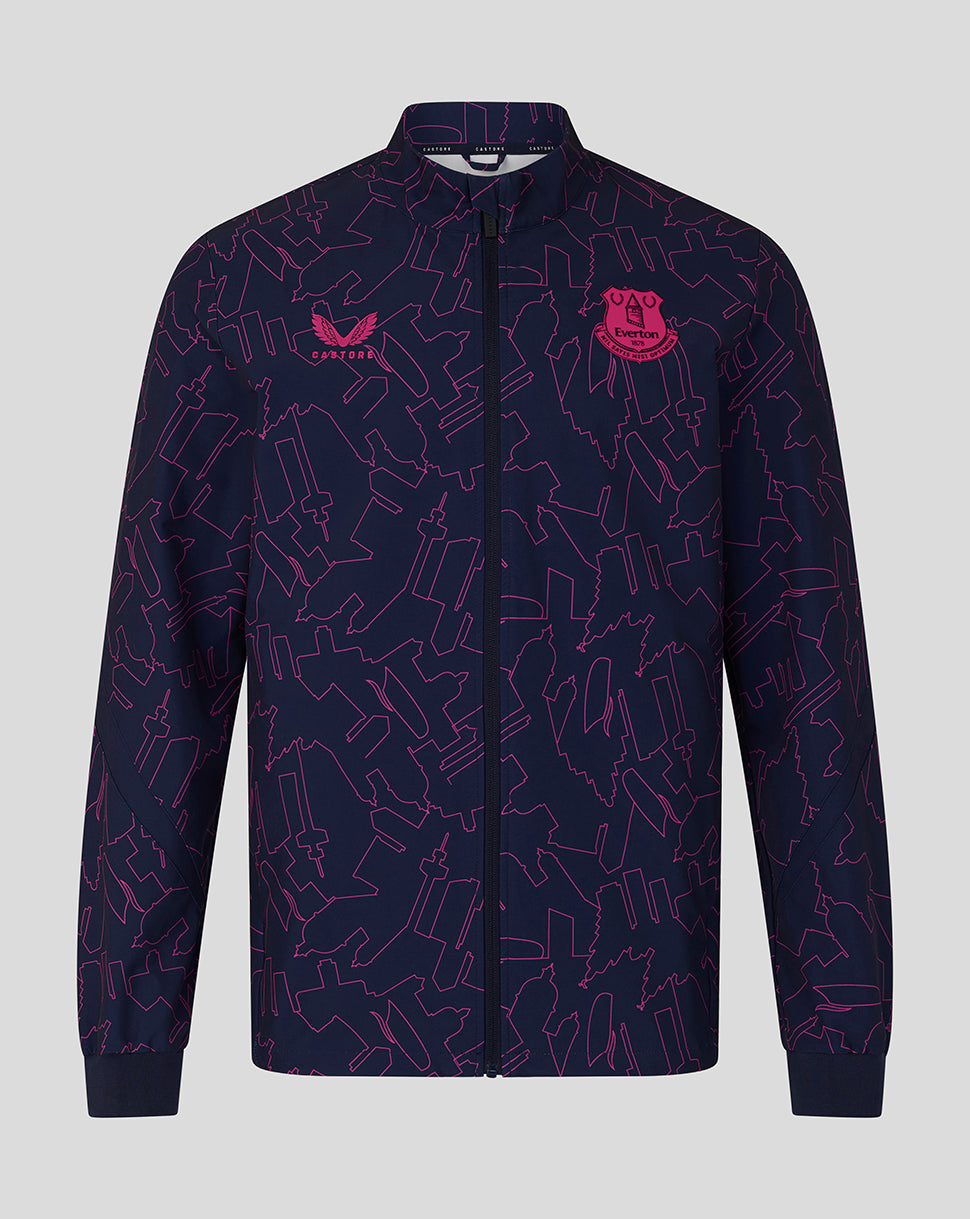 Navy jacket with pink pattern and logo on a gray background