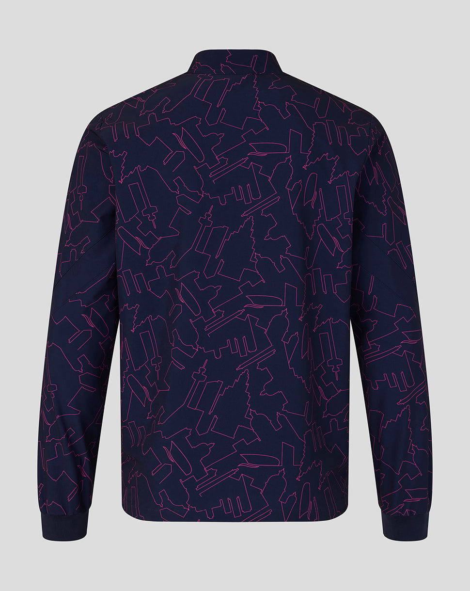 Navy blue shirt with abstract pattern on a light gray background