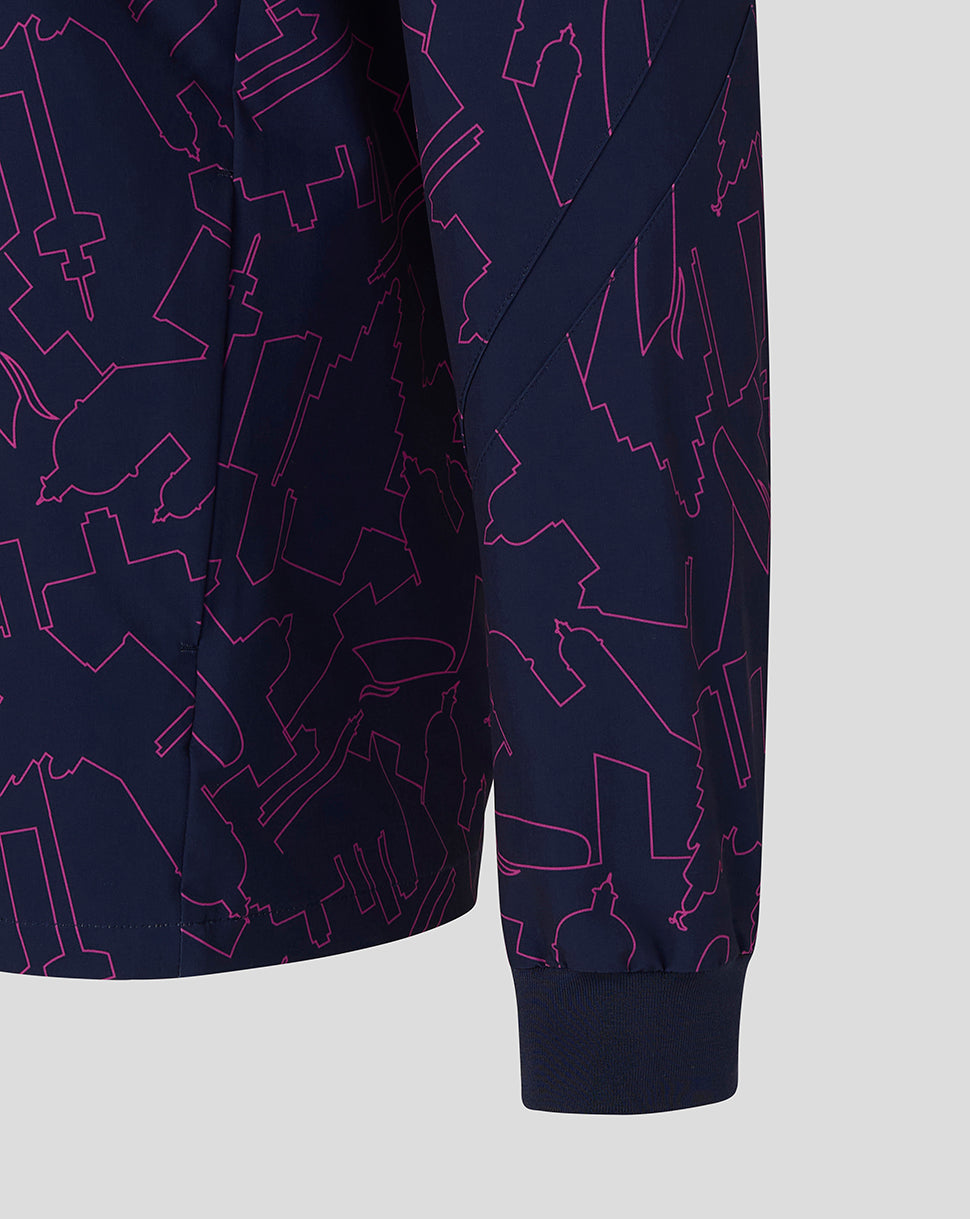 Navy blue jacket with pink geometric pattern on a light gray background