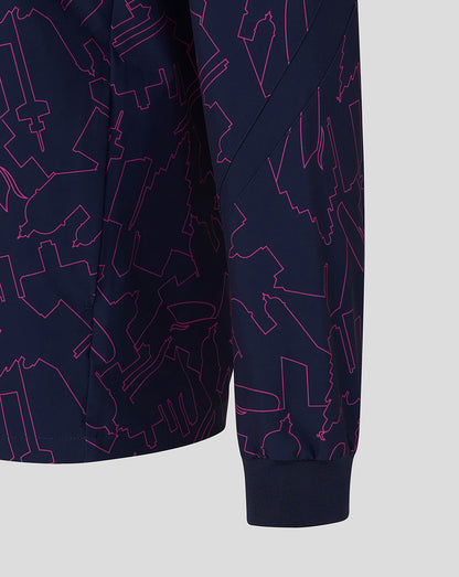 Navy blue jacket with pink geometric pattern on a light gray background