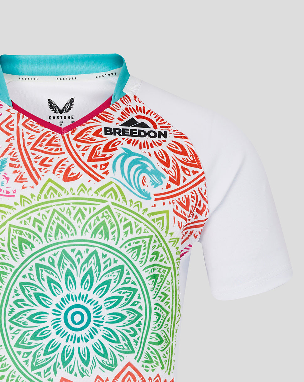 Colorful patterned shirt with 'Breedon' branding on a white background