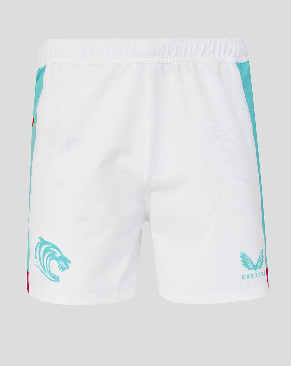 White shorts with turquoise accents and logos on a light gray background
