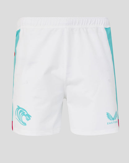 White shorts with turquoise accents and logos on a light gray background