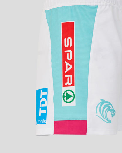 Colorful shorts with various logos on a white background