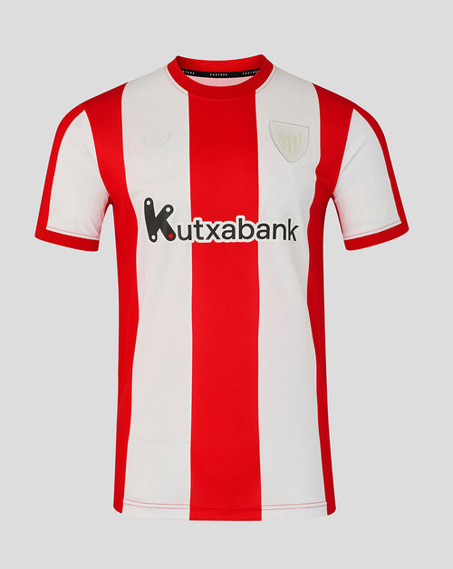 Athletic Club women's 25/26 retro shirt front view with red and white vertical stripes and red collar