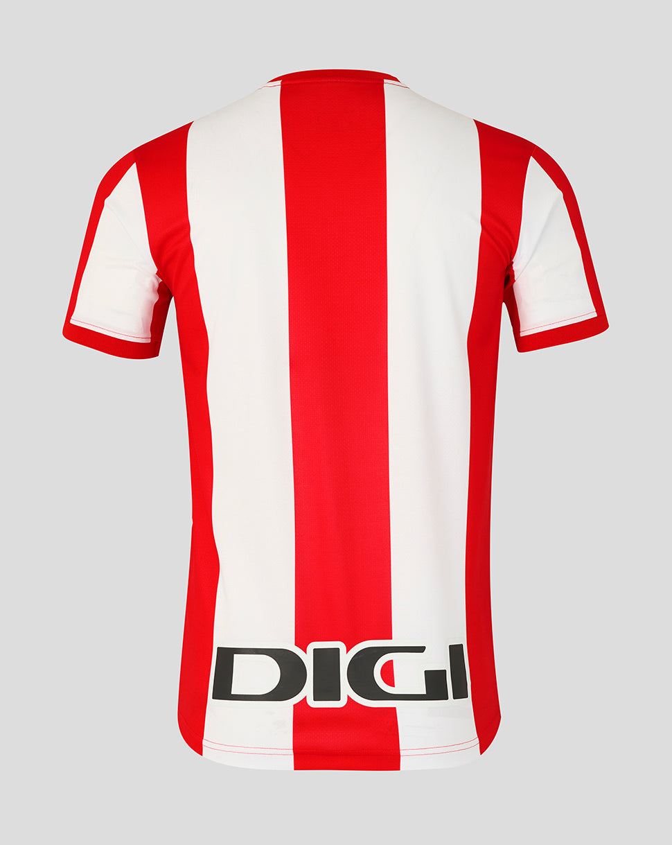 Back view of Athletic Club women's 25/26 retro shirt with red and white stripes and the DIGI logo