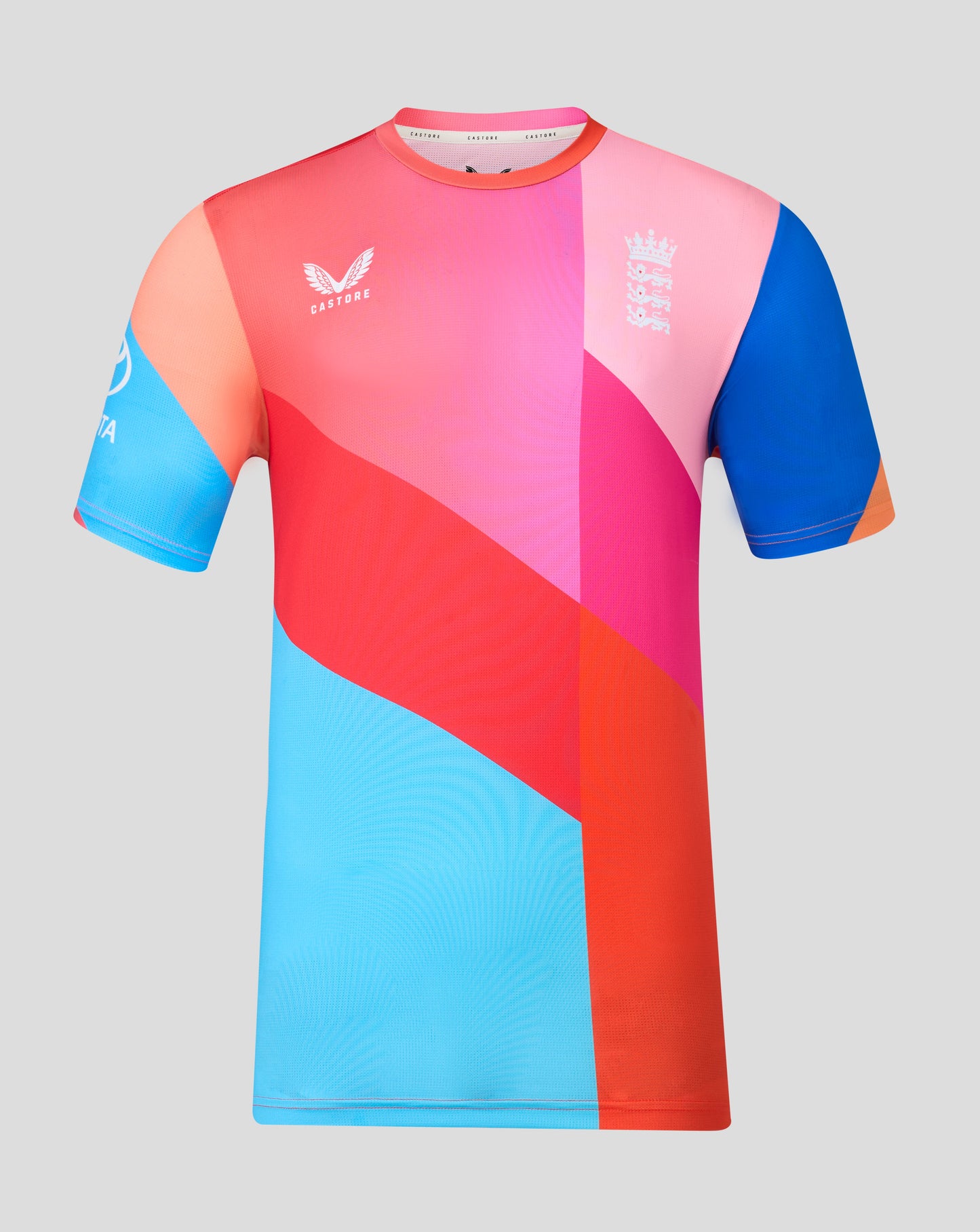 Colorful sports jersey with geometric design on a gray background