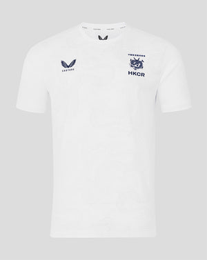 White t-shirt with embroidered logos on a light gray background