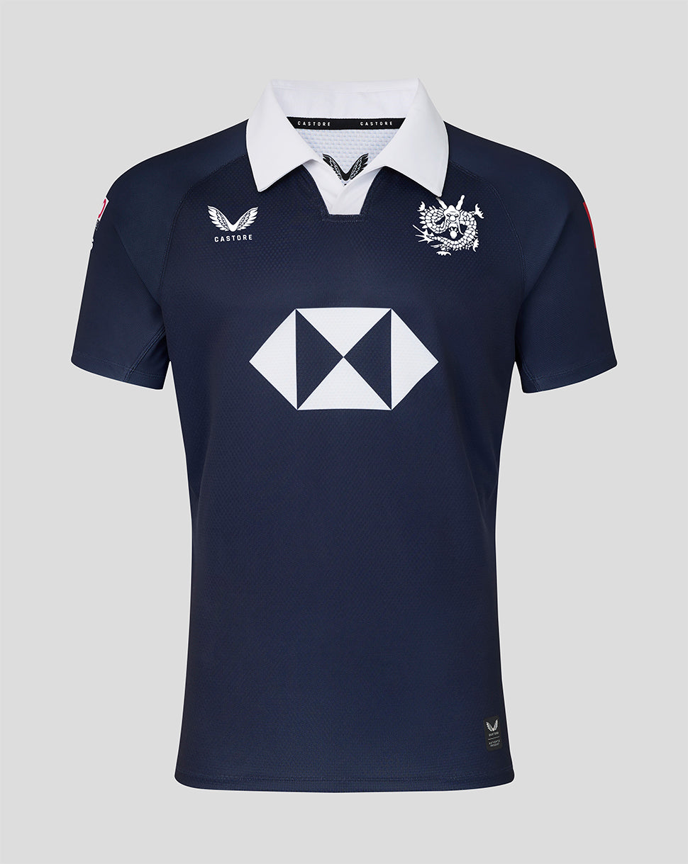 Navy blue sports jersey with white logo and collar on a light gray background
