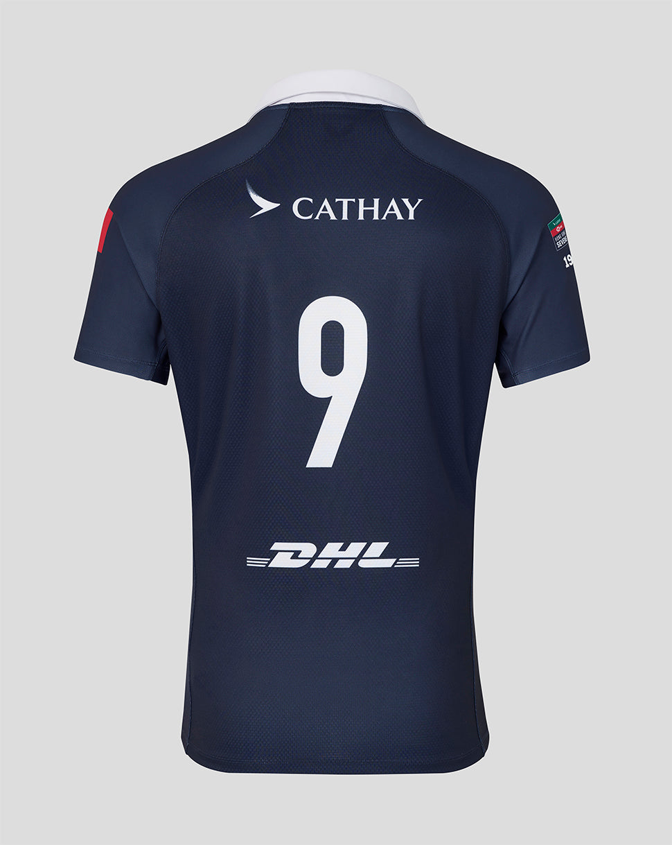 Navy blue sports jersey with 'Cathay' and 'DHL' logos on a gray background
