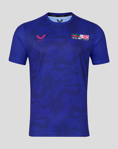 Blue sports jersey with logos on a gray background