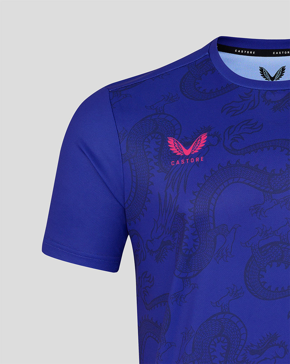 Blue athletic shirt with dragon design and Castore's logo on a gray background