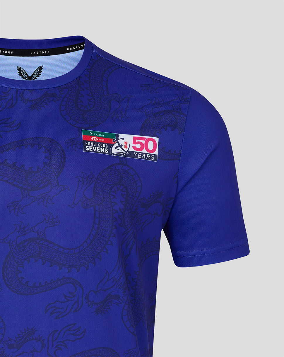 Blue t-shirt with dragon design and a logo on a gray background