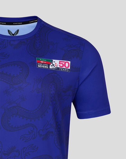 Blue t-shirt with dragon design and a logo on a gray background