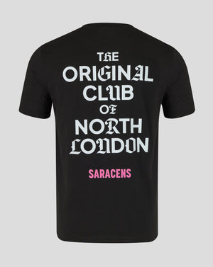 Black t-shirt with white and pink text on a gray background
