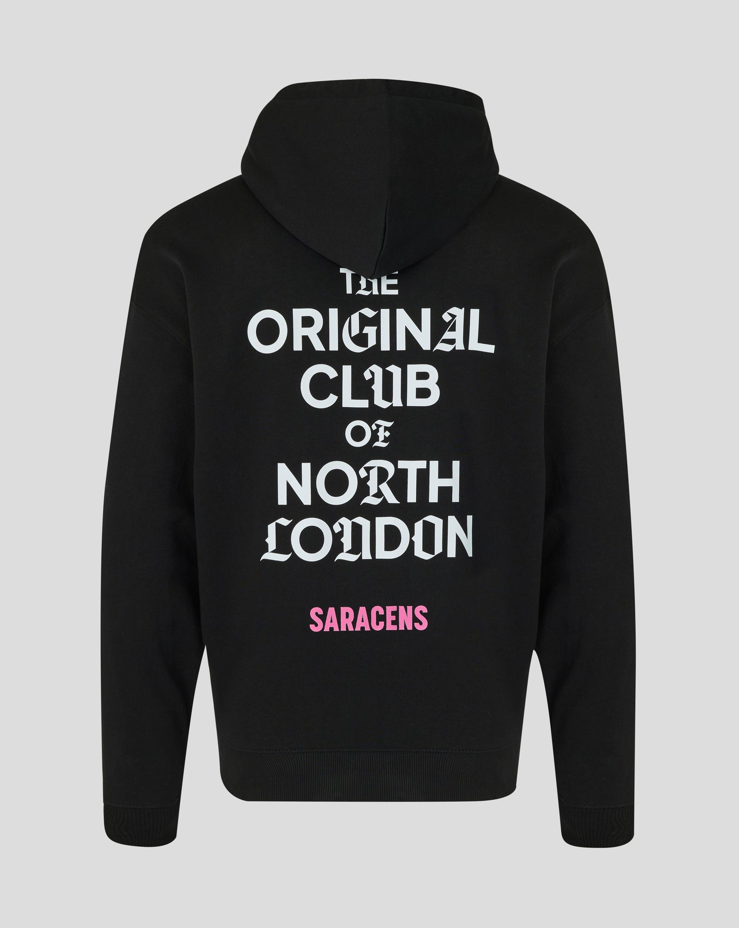 Black hoodie with text on the back on a light gray background