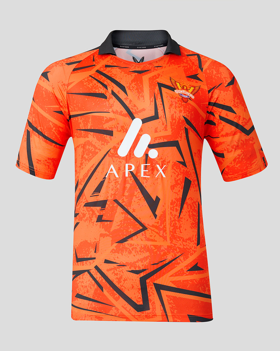Front view of men's bright orange Sunrisers Leeds jersey with bold black geometric pattern and large AREX logo