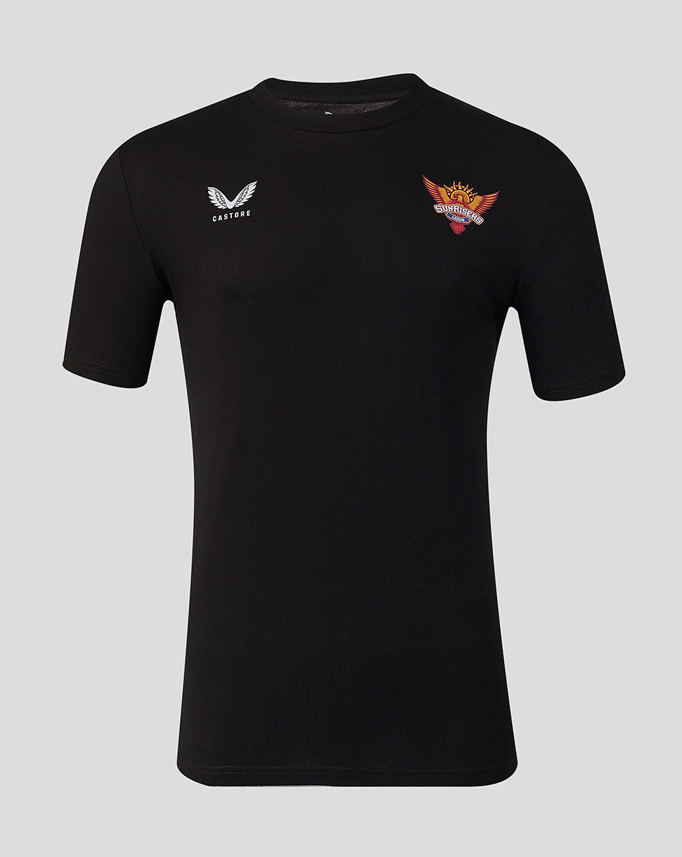 Front view of black Sunrisers Leeds The Hundred Small Wings T Shirt with Castore logo on left chest and Sunrisers crest on right chest