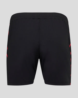 Back view of Bayer Leverkusen 22/23 Pro Home shorts in black with textured fabric and a red side stripe