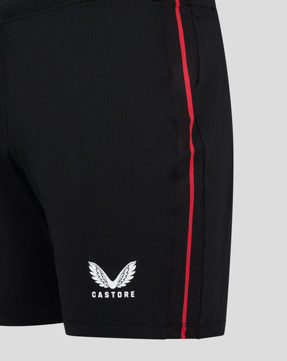 Side view of black Bayer Leverkusen 22/23 Pro Home shorts with a red stripe along the leg