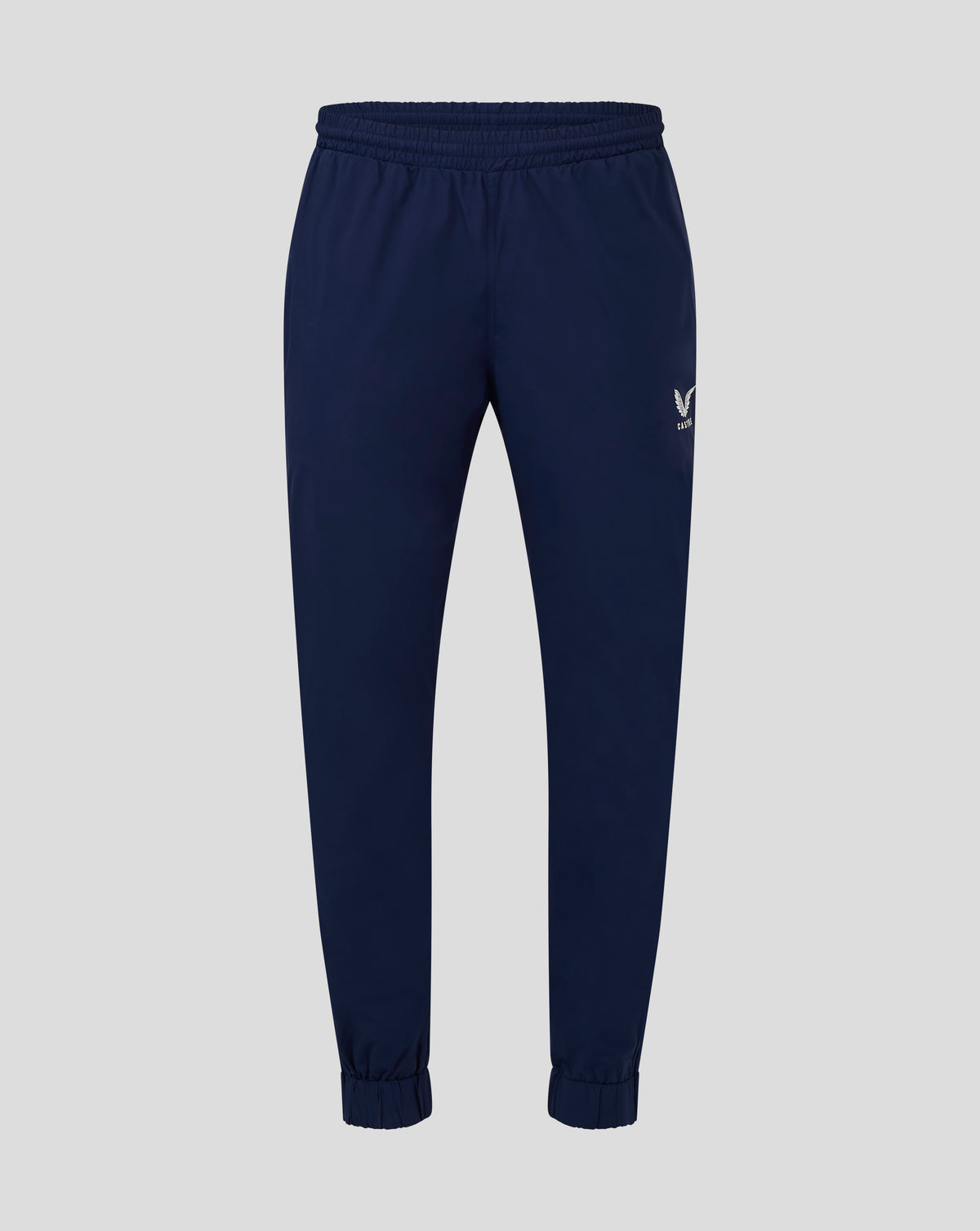 Front view of navy Mens Rugby Contact Pant with internal drawcord and elasticated cuffs and a Castore logo on the leg