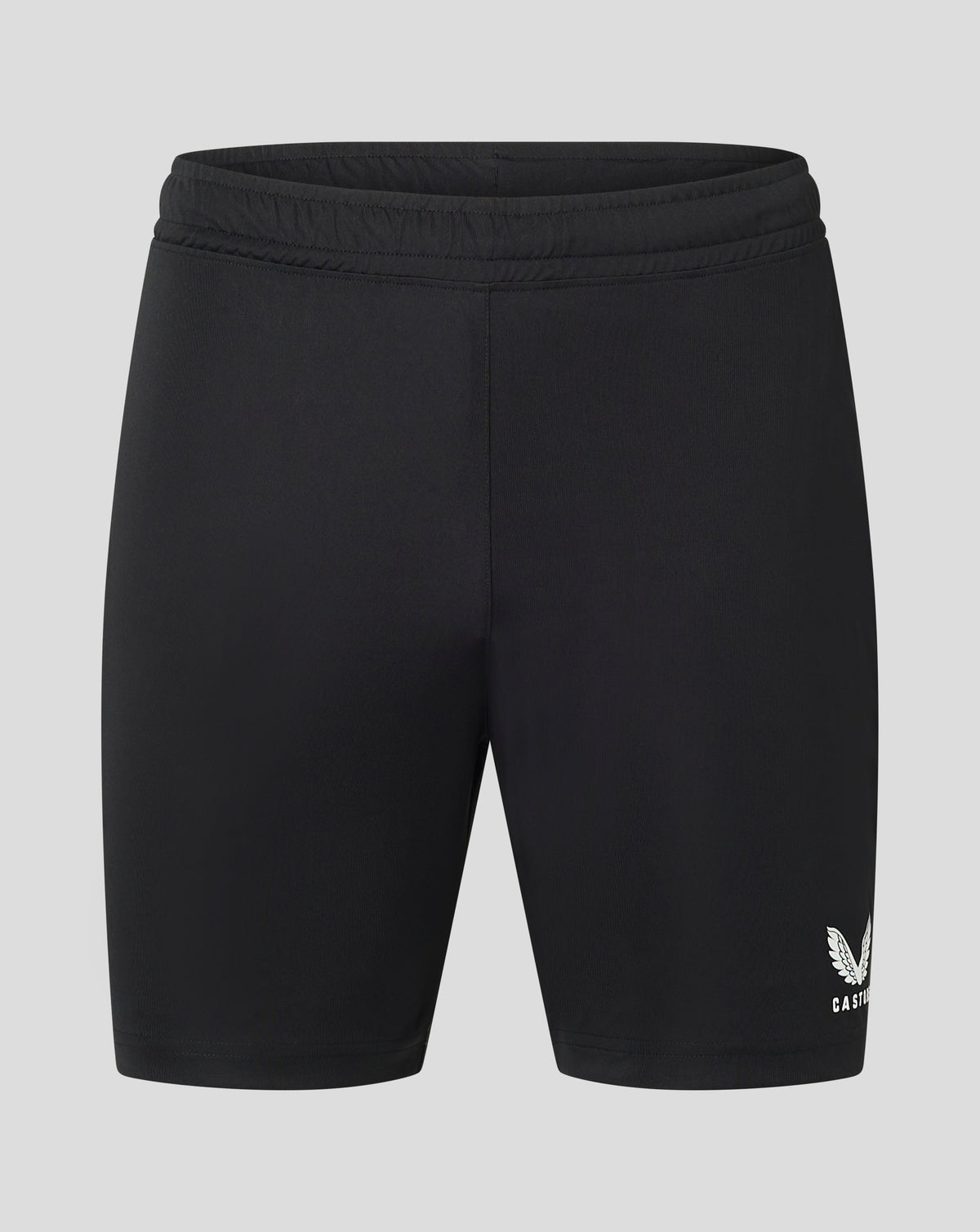 Close up of black Mens Match Short waistband with elastic and drawcord channel and heat sealed Castore logo