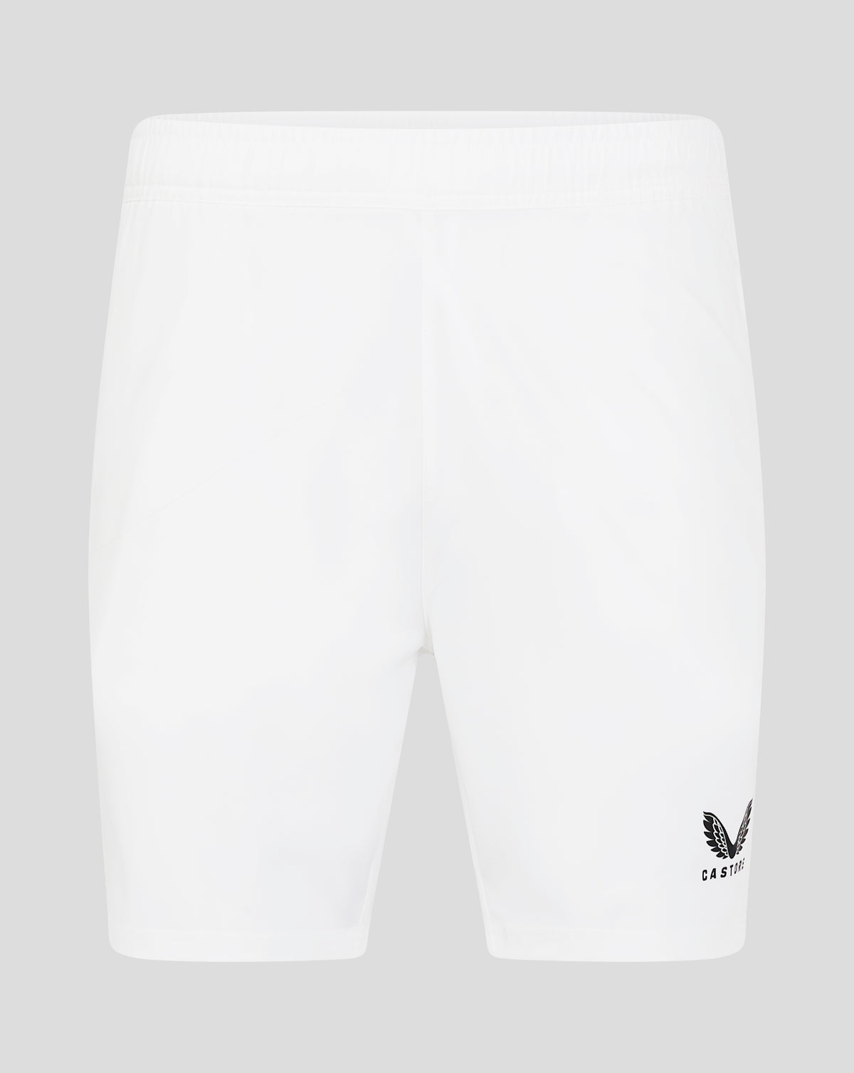 White woven training shorts with elastic waistband and zip pockets