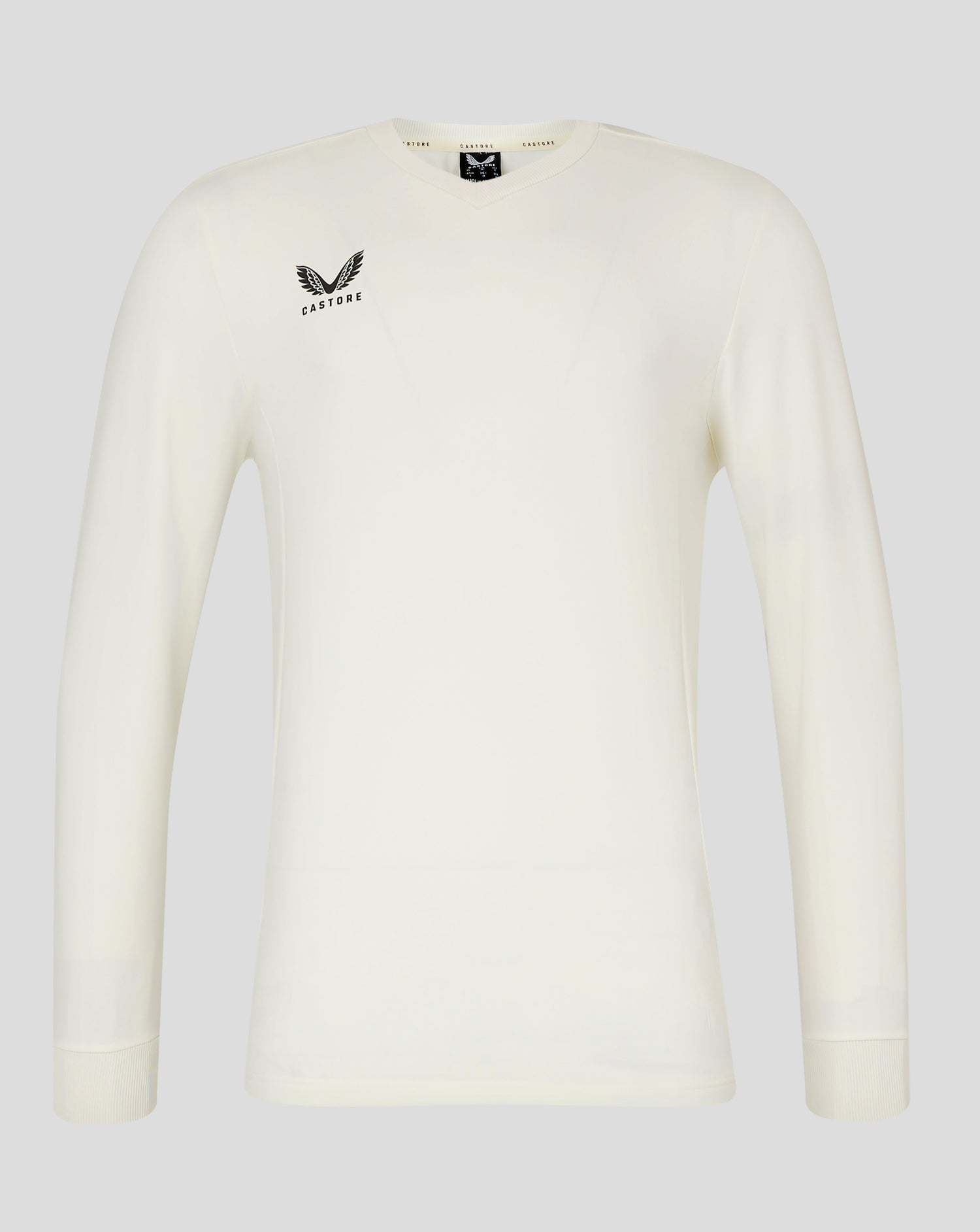 Mens Cricket Jumper Cannoli Cream front view showing mitred V neck and Castore logo on chest