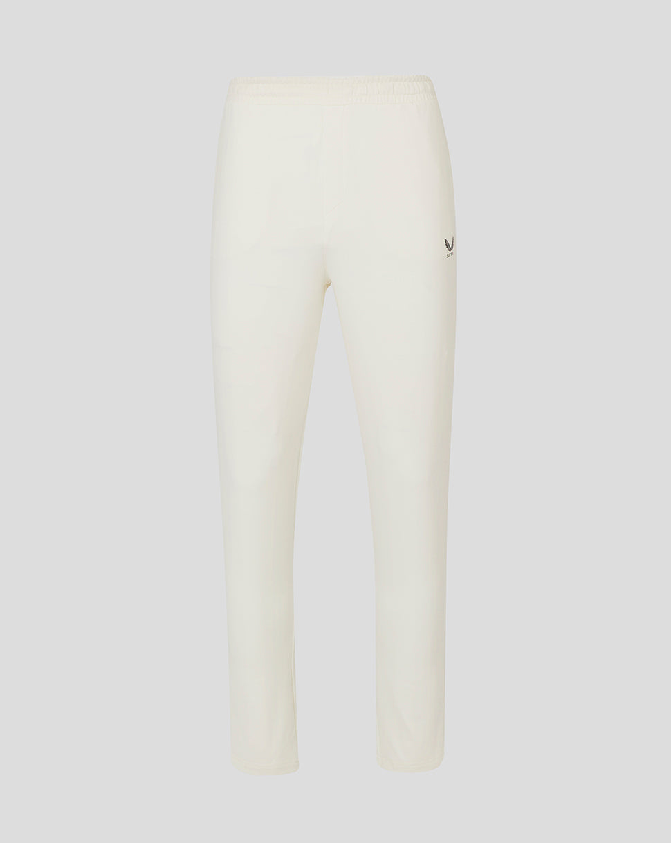 Cream cricket trousers with elastic waistband mesh panels and Castore logo on thigh