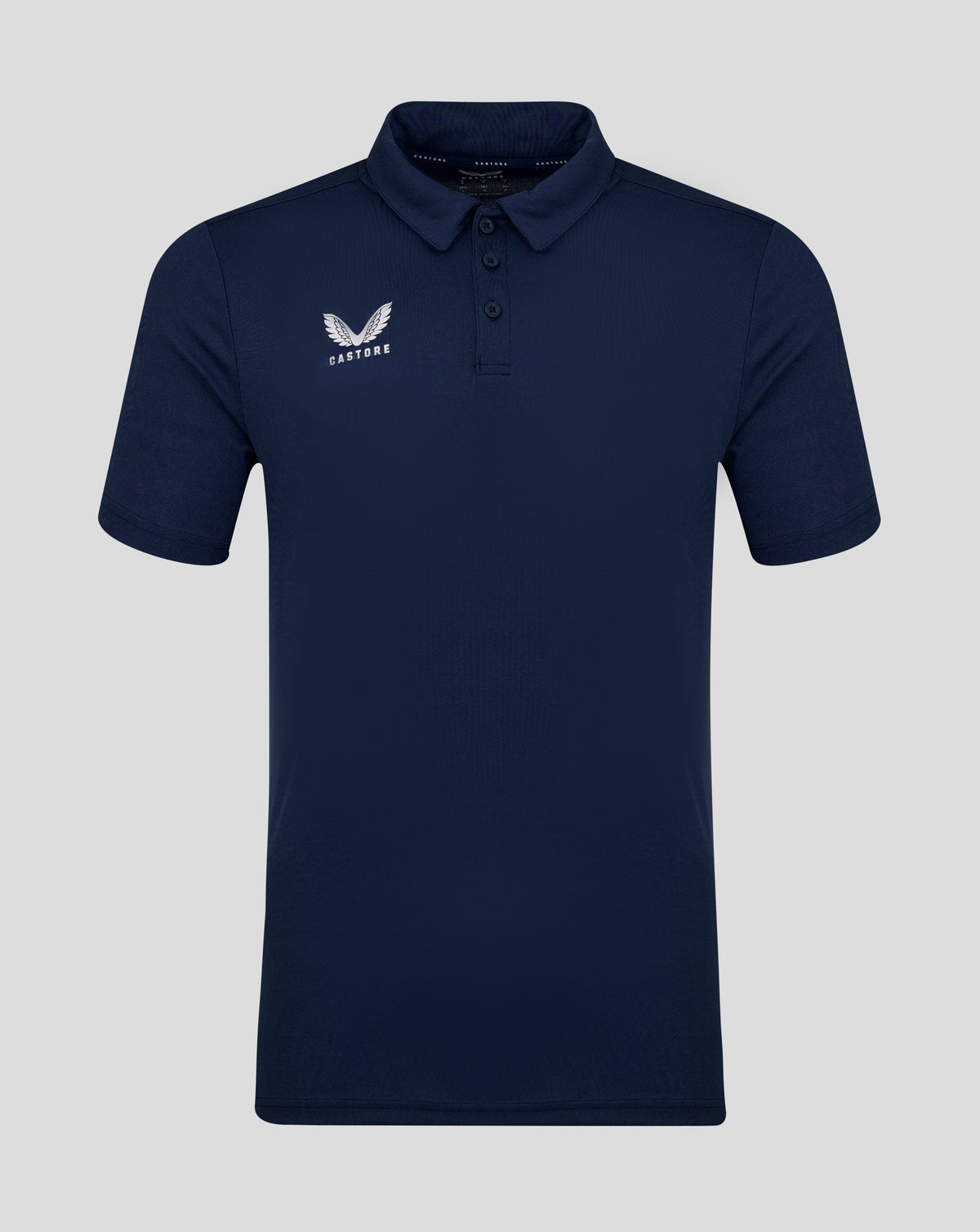 Navy men's performance polo with self fabric collar three button placket and Castore logo on chest