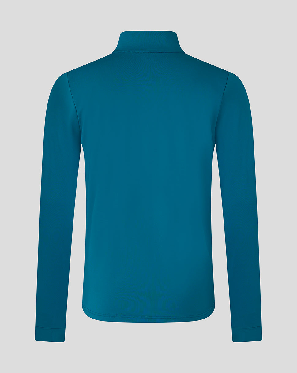 Back view of teal ink blue Sevilla top with high collar and long sleeves