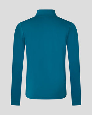 Back view of teal ink blue Sevilla top with high collar and long sleeves