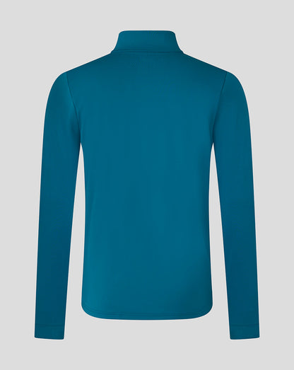 Back view of teal ink blue Sevilla top with high collar and long sleeves