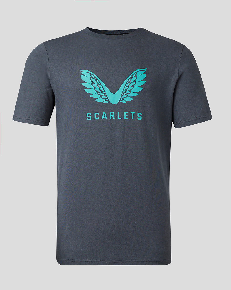 Scarlets cotton logo T shirt dark gray with large teal wing graphic and Scarlets lettering across the chest