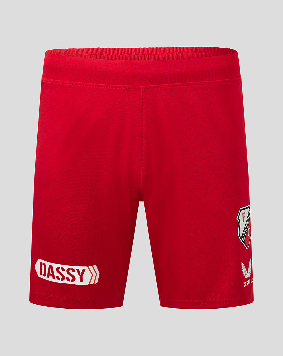 Front view of FC Utrecht red home shorts with white side panels and the club crest on the front.