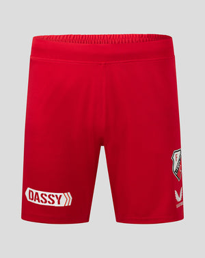 Front view of FC Utrecht red home shorts with white side panels and the club crest on the front.