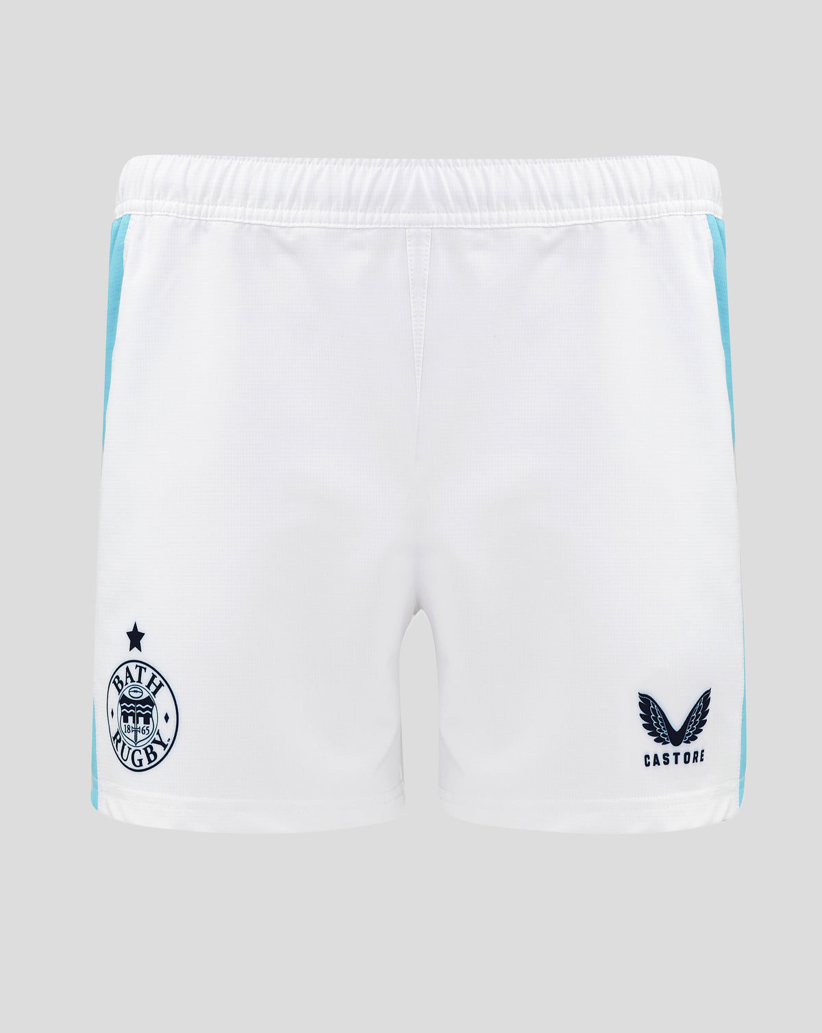 Junior Bath Rugby Euro Shorts white with blue side panels and elastic waistband; Bath crest left thigh, Castore branding right.