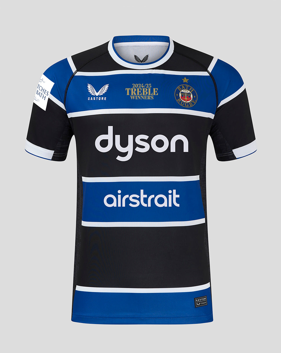 Bath Rugby home jersey in blue black and white with Treble Winners crest and Dyson sponsorship